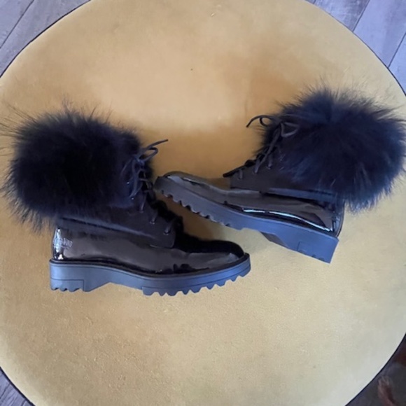 Cloud Nine Black Patent Leather Raccoon Fur Boots Sz 10 Quiet Luxury Wool - Picture 11 of 12